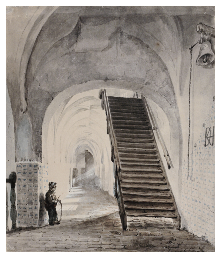 Groene Weeshuis (voormalig Jacobijner klooster), Oude Ebbingestraat oostzijde; interieur, gewelfde gang met houten trap