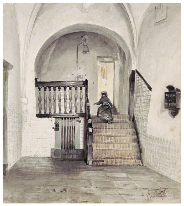 Groene Weeshuis (voormalig Jacobijner klooster), Oude Ebbingestraat oostzijde; interieur, gewelfd trapportaal