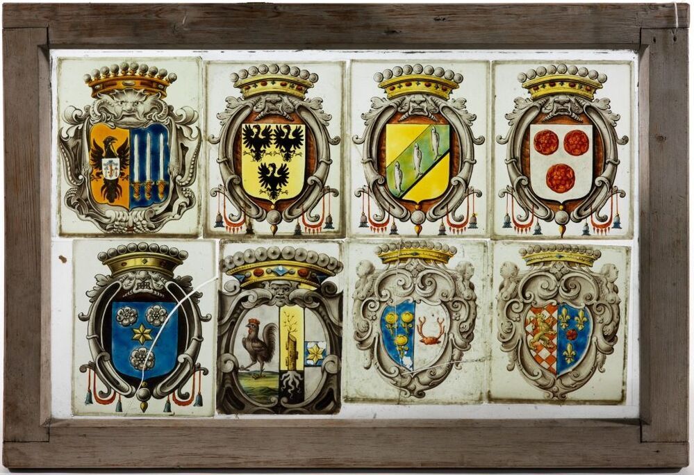 Glas in loodraam met acht familiewapens waaronder Clant, van Berum, Van Echten, Julsingha, Van Eysinga
