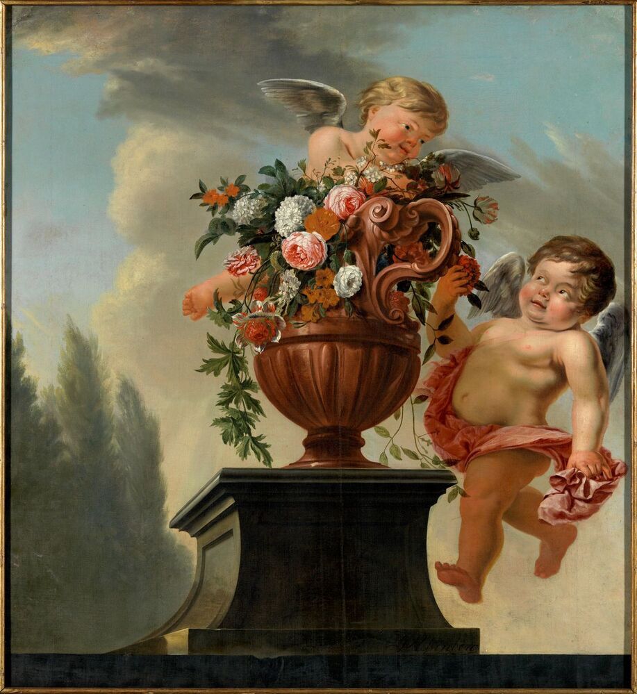 Putti met vaas en bloemen