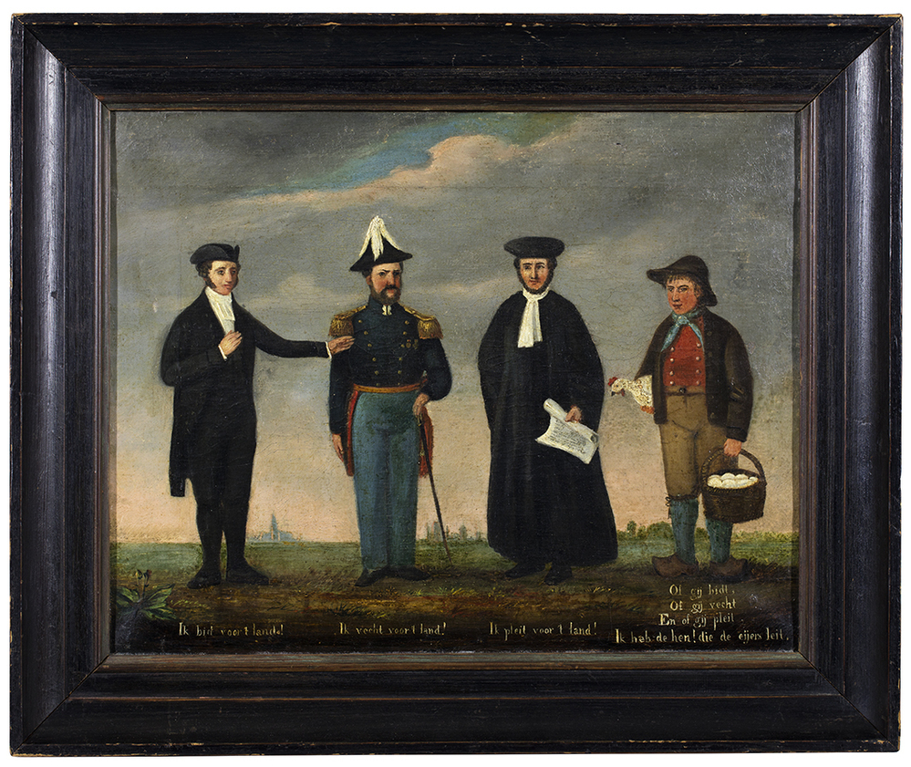 Een predikant, een officier, een advocaat en een boer met een kip op de arm