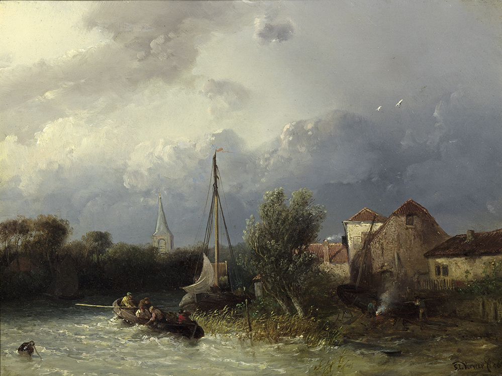 Riviergezicht met donkere lucht