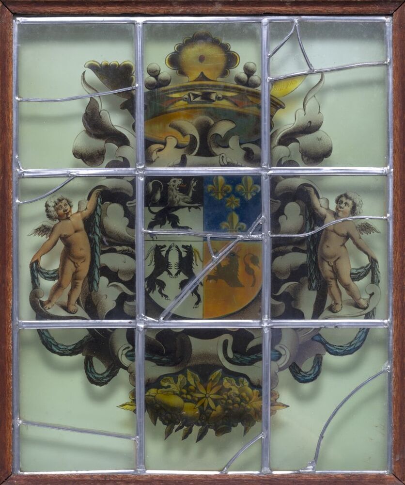 Borg Ewsum, glas in lood raam met wapen: Ubbena, Alberda, Coenders, Schatter