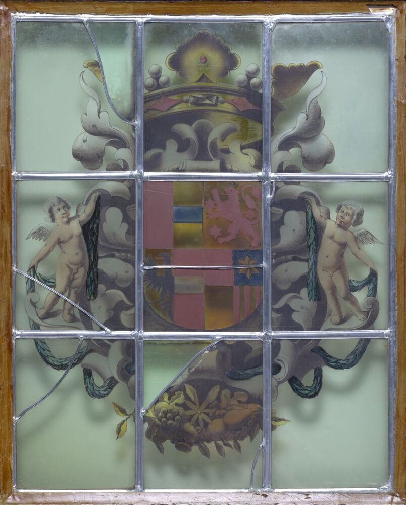 Borg Ewsum, glas-in-loodraam met wapens: Van Ewsum, MacDowell, Sickinghe, Fritema