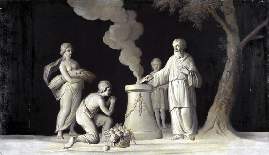 Serie van drie schilderstukken met allegorische voorstellingen van vrede, landbouw en koophandel