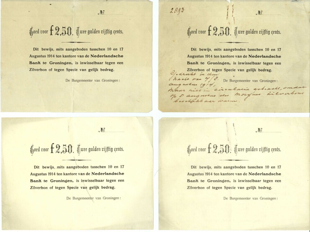 noodgeld ofwel zilverbonnen ƒ2,50 stad Groningen 1914