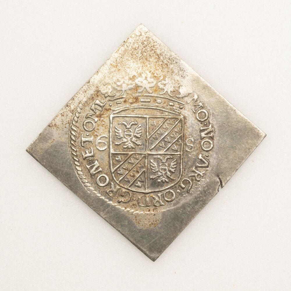 Proefstempel in zilver van een Rijder- of statenschelling (=6 stuivers) 1691, stad en lande Groningen