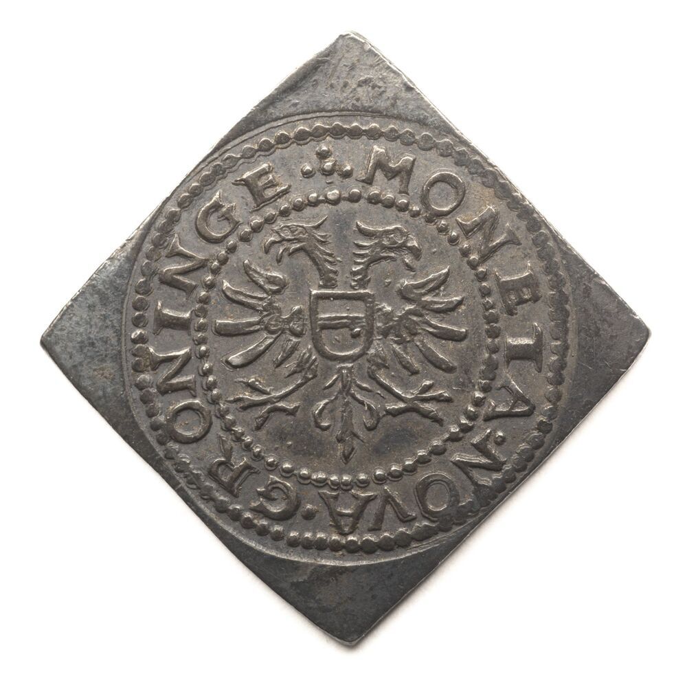 Vierkante piedfort van dubbele plak (=¼ Brabantse stuiver), oord of magerman 1609, stad Groningen