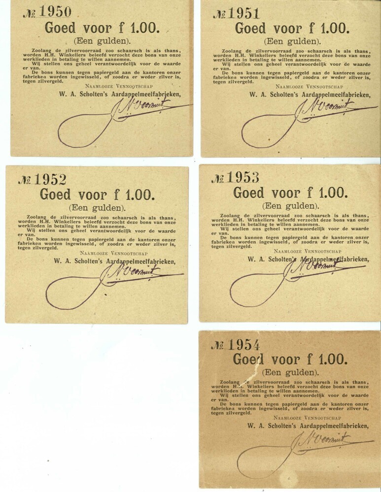 Noodgeld ofwel zilverbonnen ƒ1 NV W.A. Scholten's Aardappelmeelfabrieken, 1914