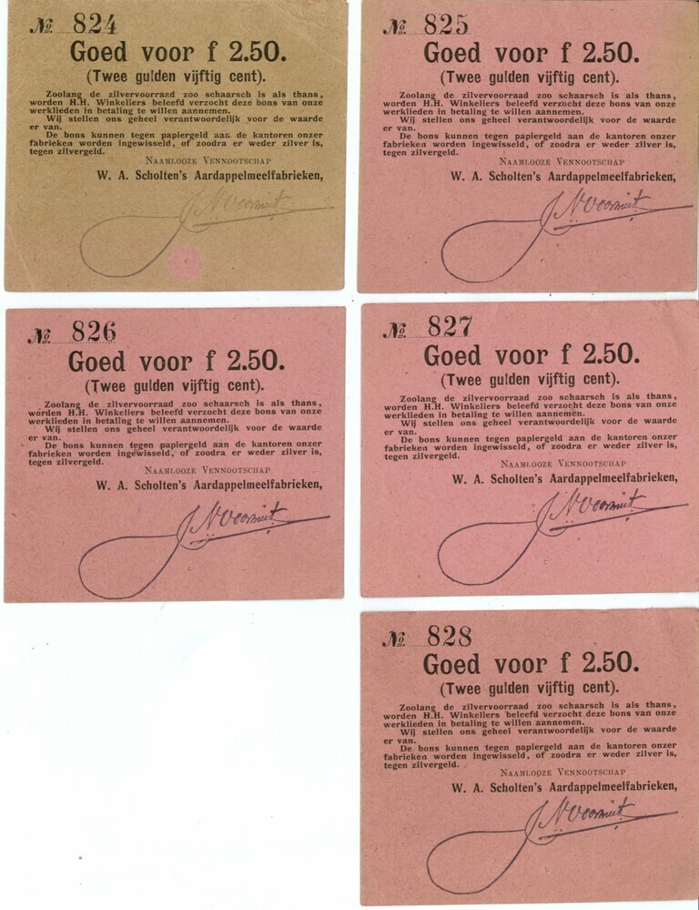 Noodgeld ofwel zilverbonnen ƒ2,50 NV W.A. Scholten's Aardappelmeelfabrieken, 1914