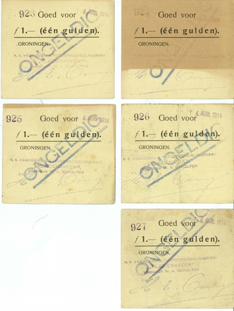 Noodgeld ofwel zilverbonnen ƒ1 NV Veenderij en Turfstrooiselfabriek "Klazienaveen", 1914