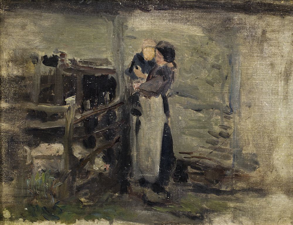 Vrouw met kind bij varkenshok