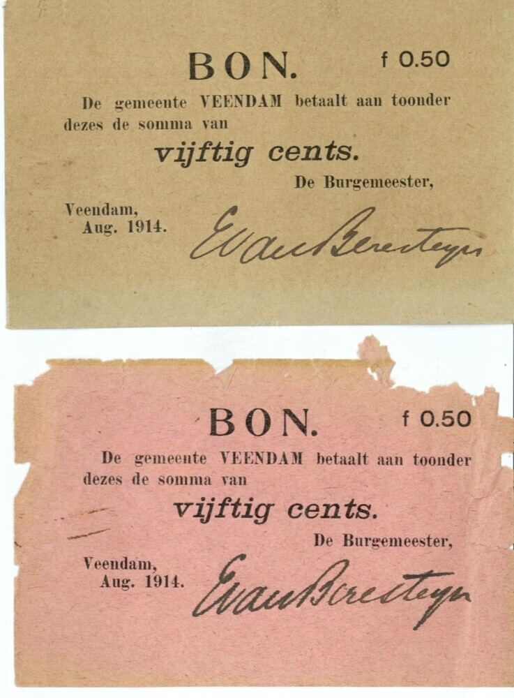 Noodgeld ofwel zilverbonnen ƒ0,50 Gemeente Veendam 1914