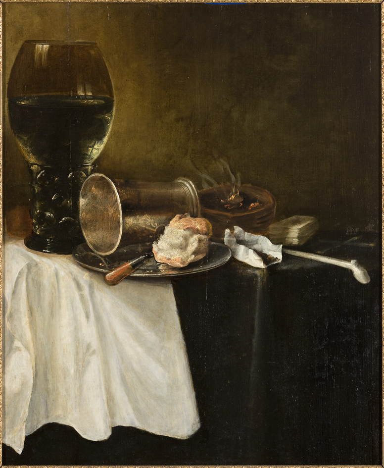 Stilleven met roemer, bord en mes