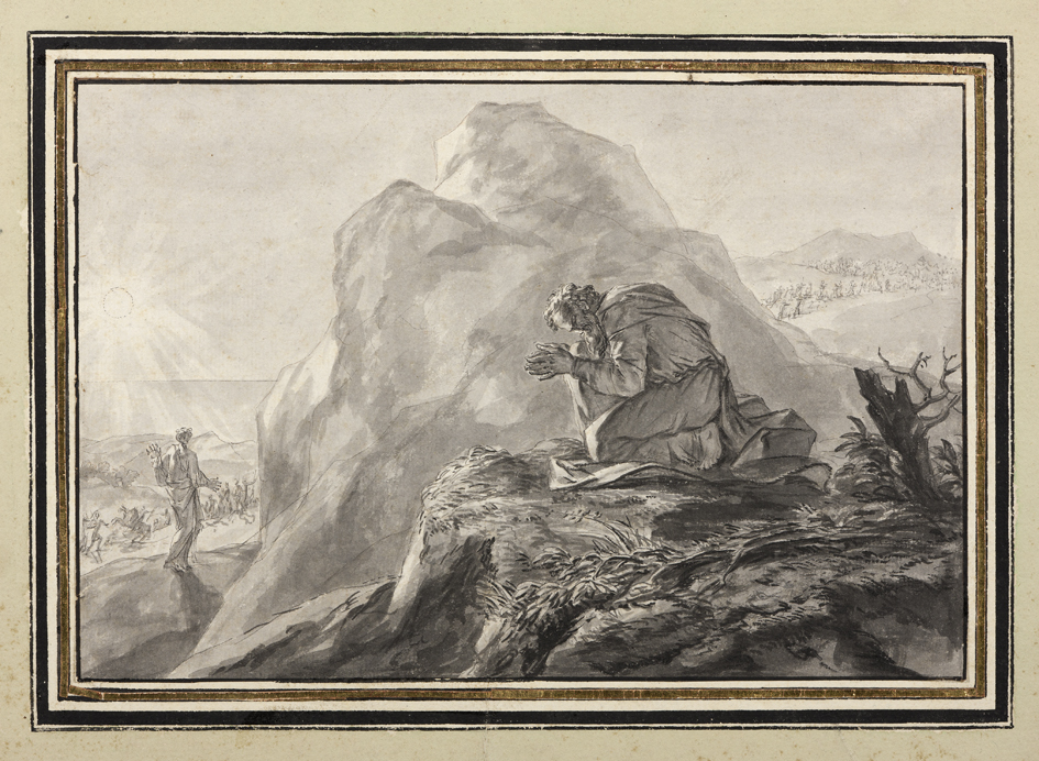 Mozes in gebed op de berg Nebo