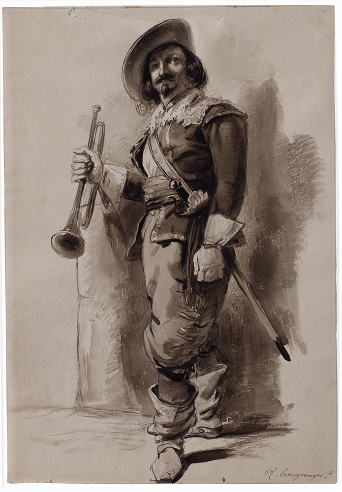 Krijgsman met trompet en zwaard in 17e eeuws kostuum