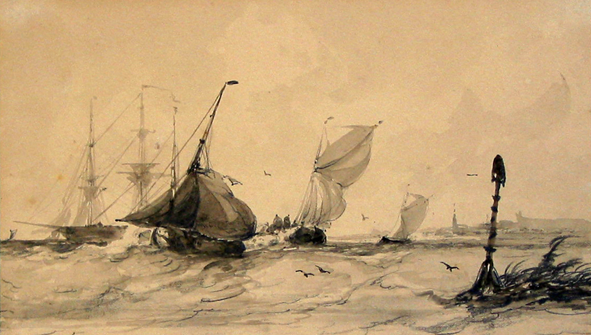 Zeilende schepen bij de haven