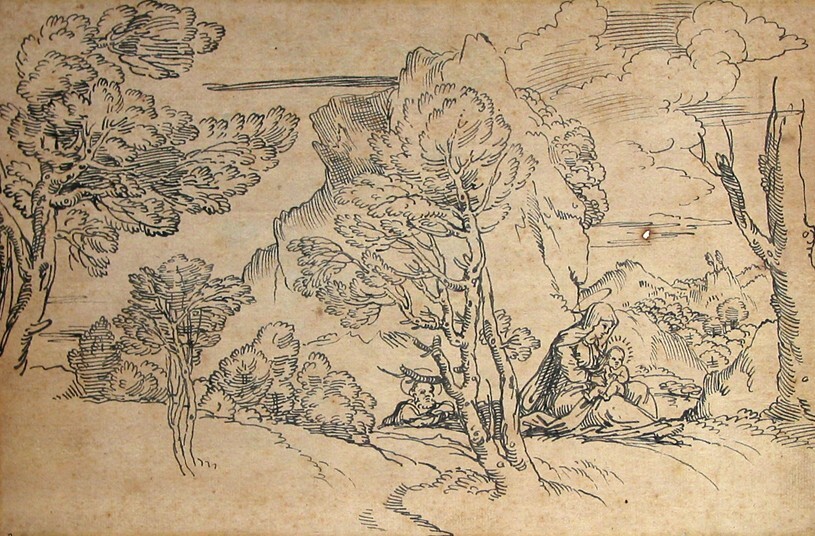 De Heilige Familie rustend tijdens de vlucht naar Egypte