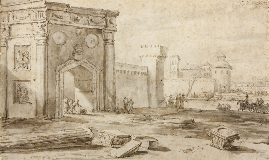 Gefantaseerd stadsgezicht met klassieke ruïnes