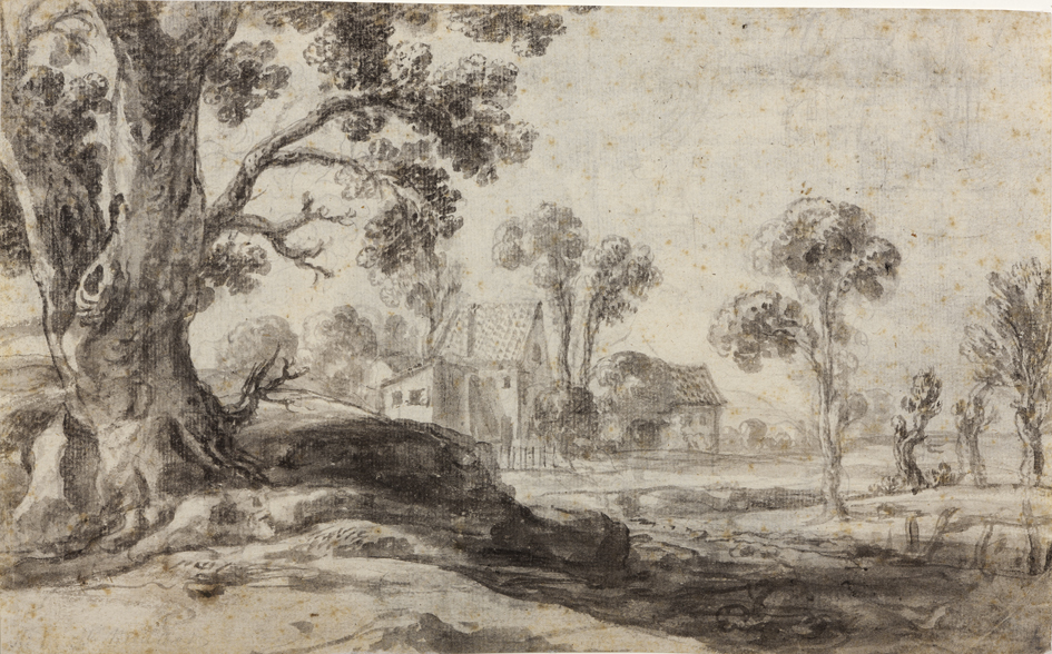 Heuvelachtig landschap met een grote boom links, in het midden enkele huizen