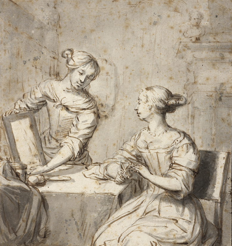 Dame, haar toilet makend