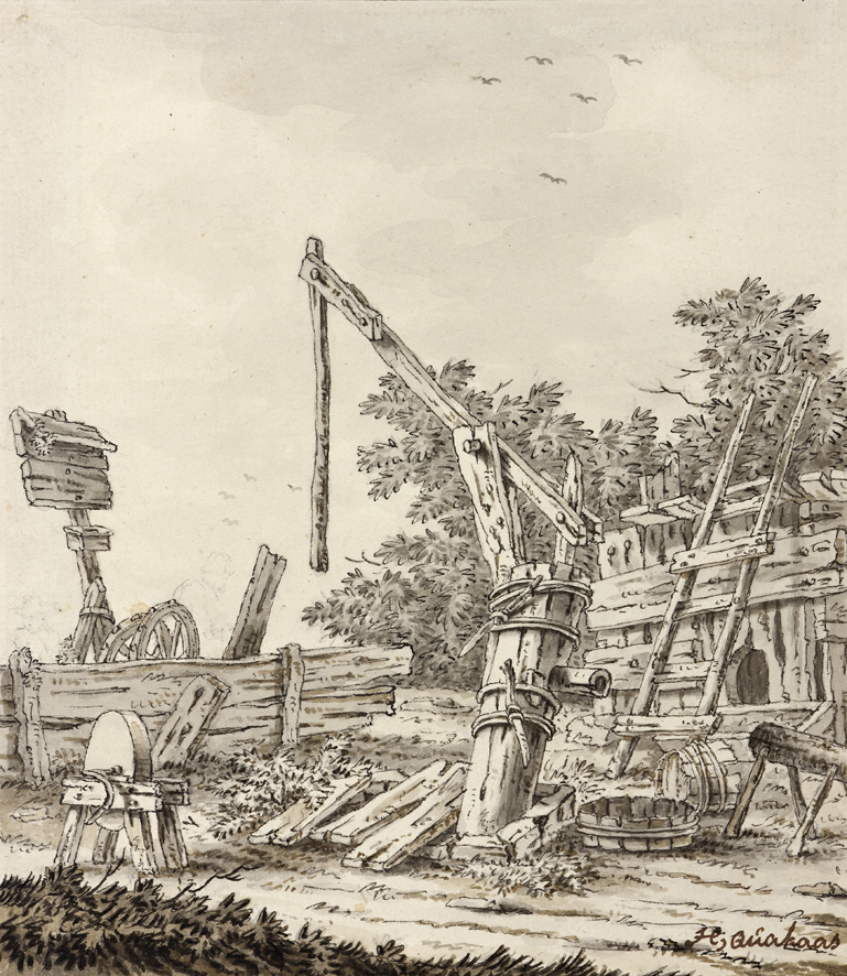 Boerenerf met pomp en slijpsteen