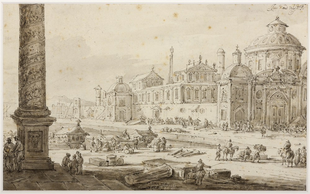 Gefantaseerd gezicht op een haven en een kerk (De Tiber te Rome?)