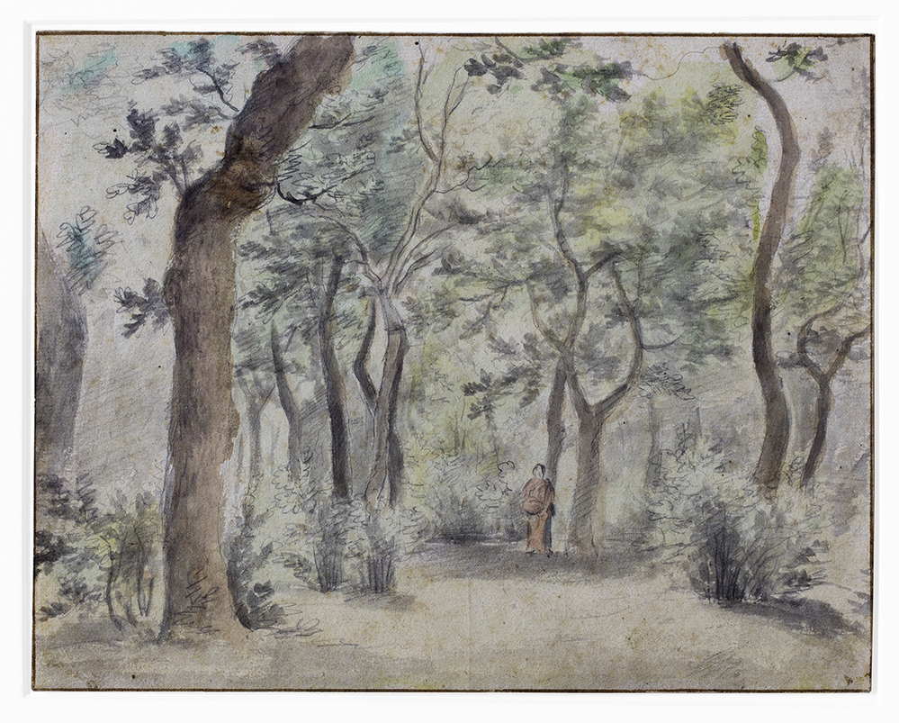 Boslandschap met vrouwenfiguur