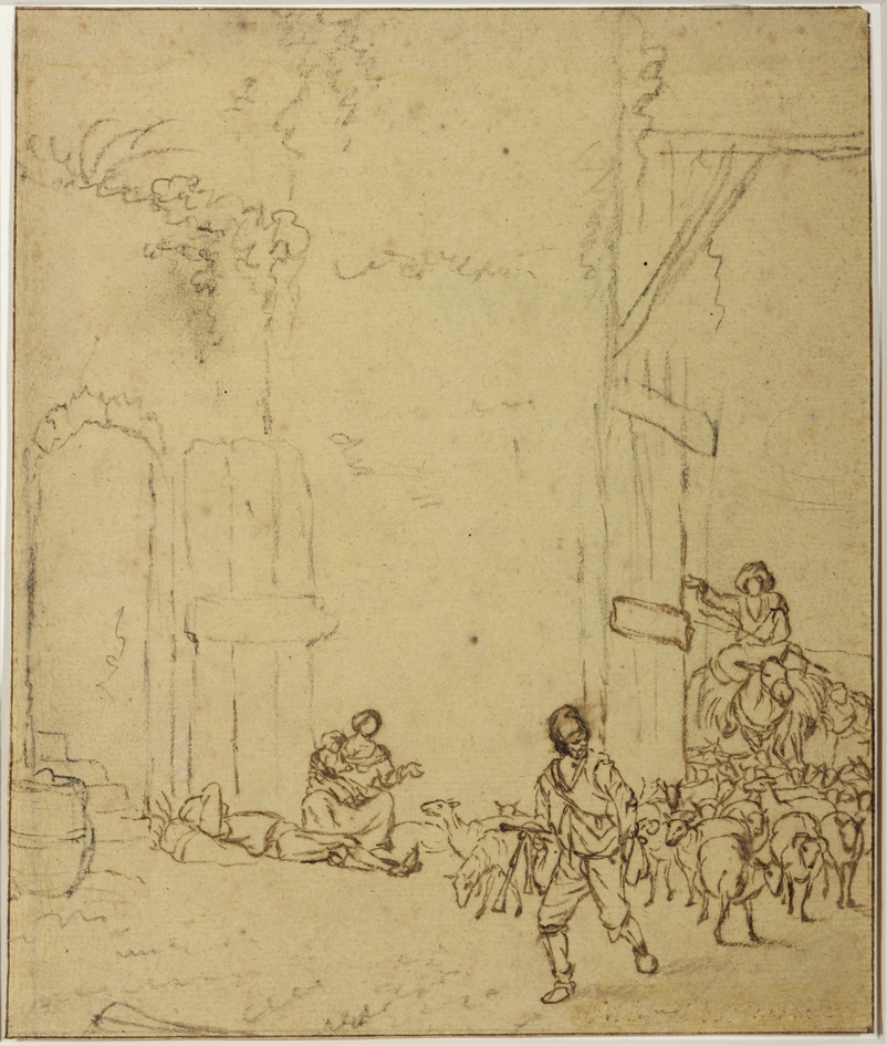 Hoek van een binnenplaats met schapen en herders (Le Colombier du Maréchal)