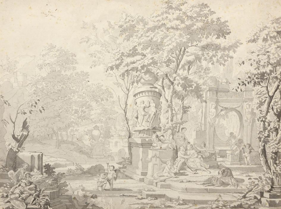 Klassieke ruïnes met stoffage, in een boomrijk heuvellandschap