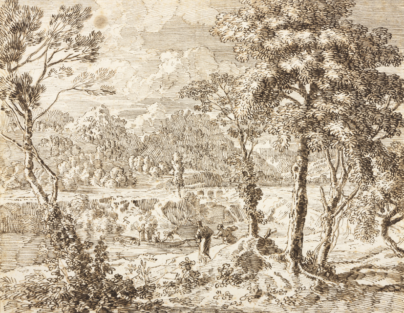 Arcadisch landschap met boot, een rivier overstekend