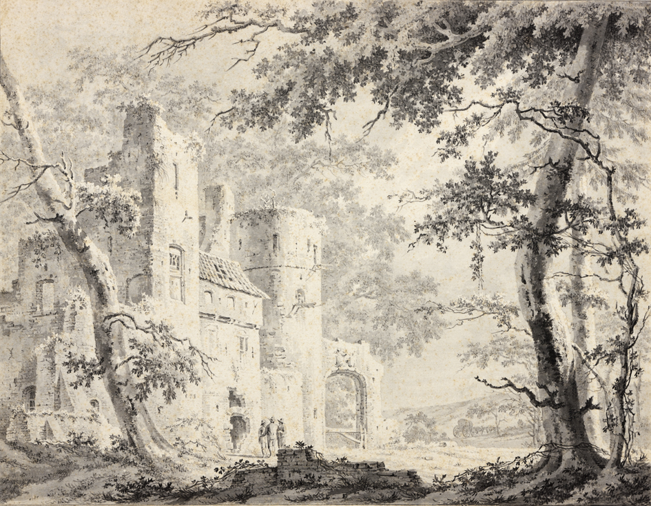 Boslandschap met ruïne van een kasteel