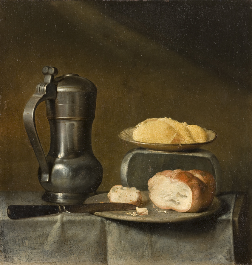 Stilleven met tinnen kan, brood en kaas