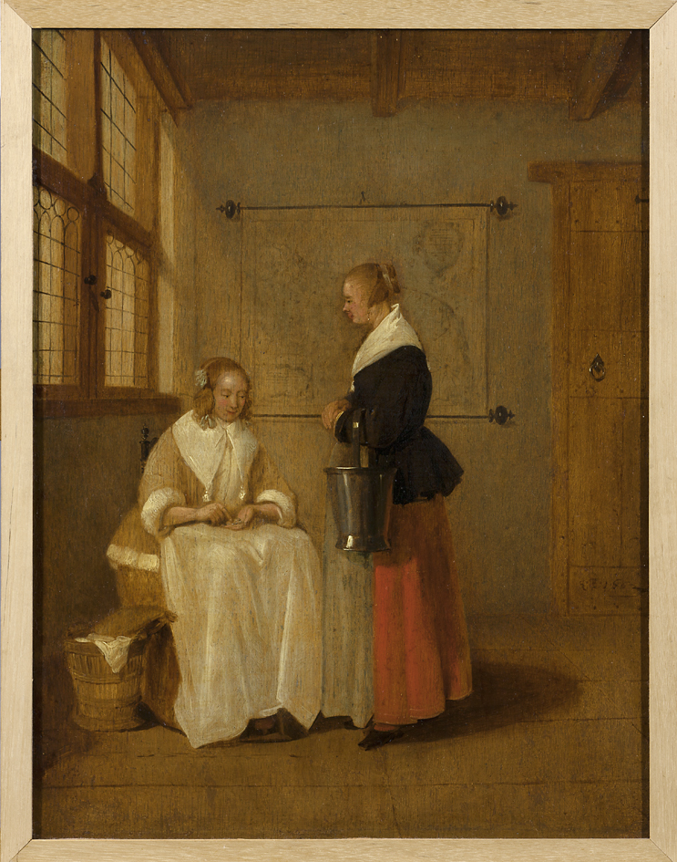 Zittende vrouw geeft geld aan dienstbode