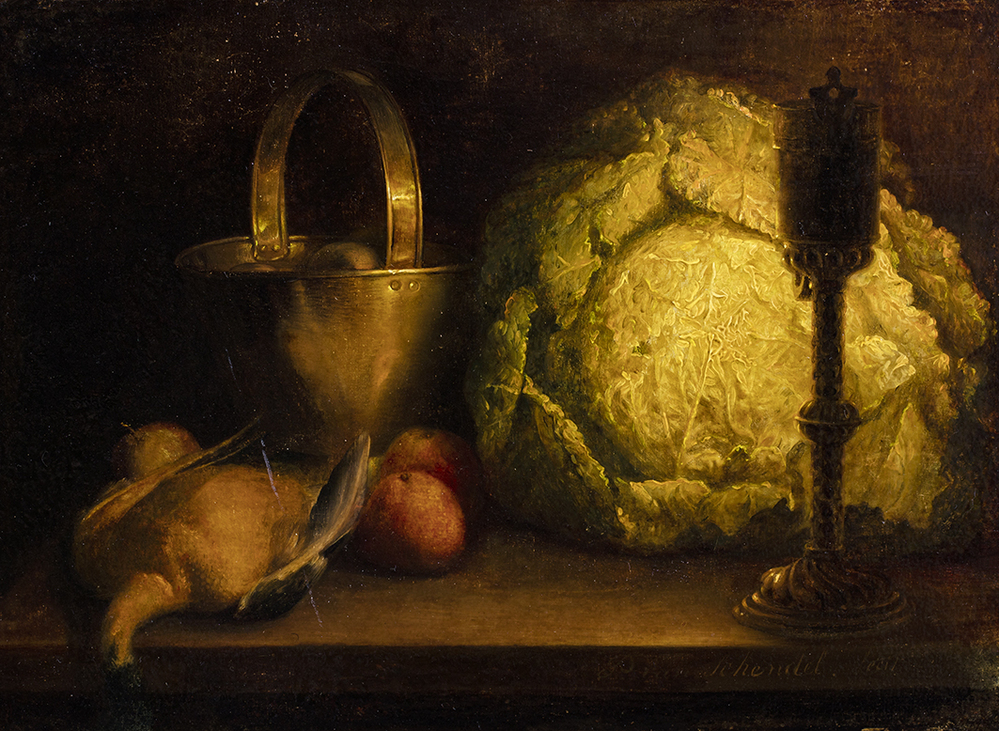 Stilleven met witte kool, koperen emmer, vogel en tuitlamp