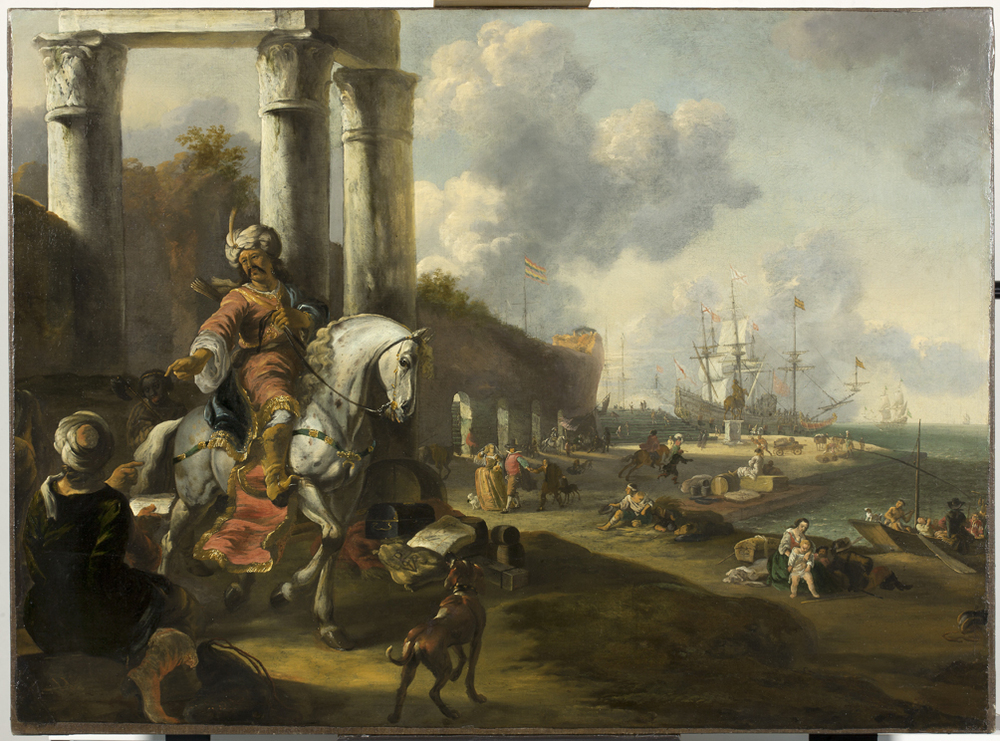 Havengezicht met ruiter in Oosterse dracht