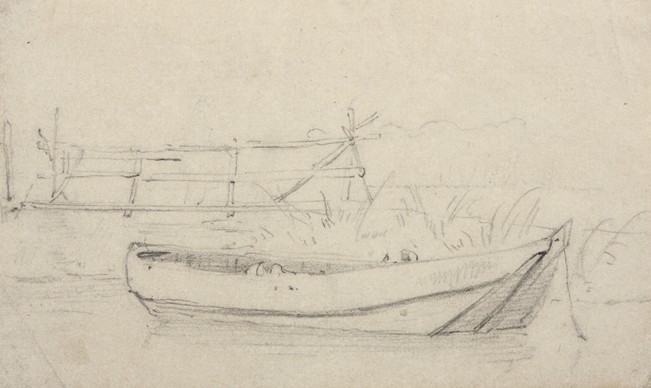 Bootje in sloot met houten hek of brug