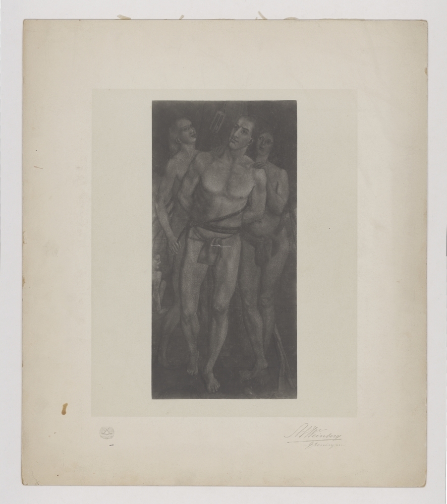 Aan de mast gebonden man en twee vrouwen