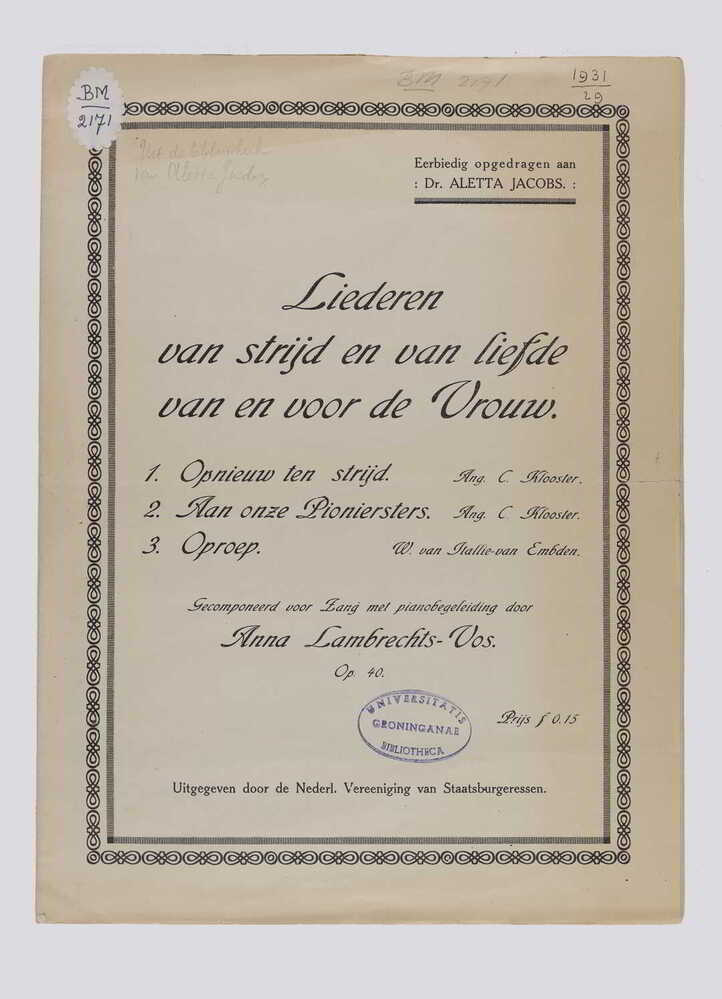 VERVALLEN Liederen van strijd en van liefde van en voor de vrouw. Eerbiedig opgedragen aan Dr. Aletta Jacobs