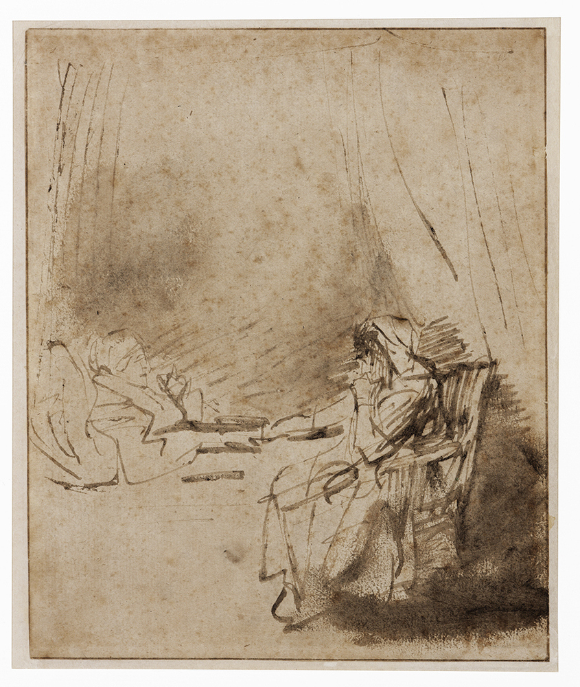 Oude vrouw aan het ziekbed van een vrouw