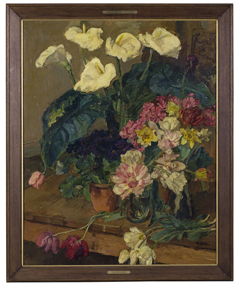 Bloemstilleven met tulpen en aronskelken