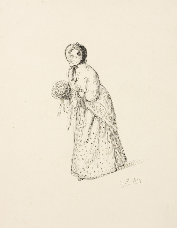 Wandelende dame met bloemen in de hand (uit Album Amicorum Mesdag)