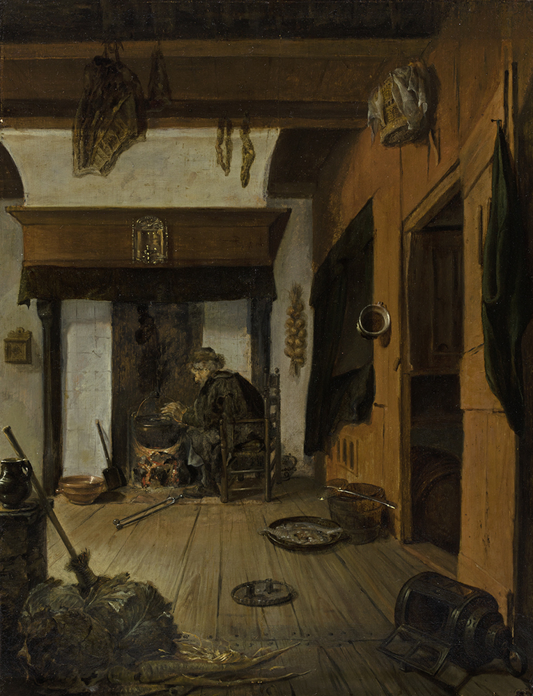 Interieur met man bij haardvuur