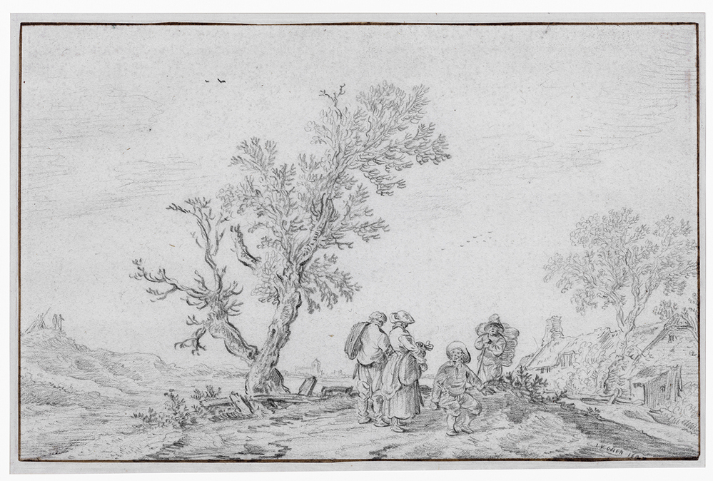 Duinlandschap met vier figuren bij twee wilgen