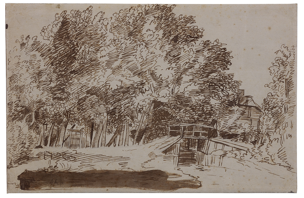 Gezicht op een smal bruggetje en een boerderij omringd door bomen