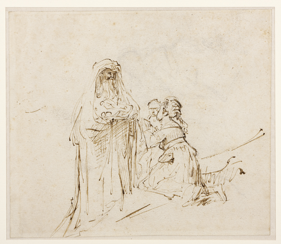 Vrouw knielend voor een oude man