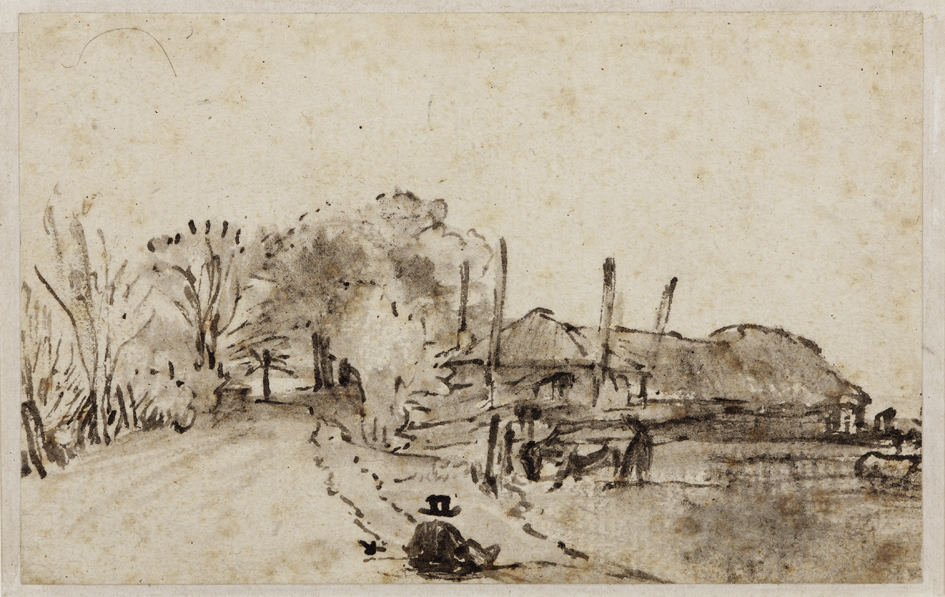 Landschap met boerderij en tekenaar