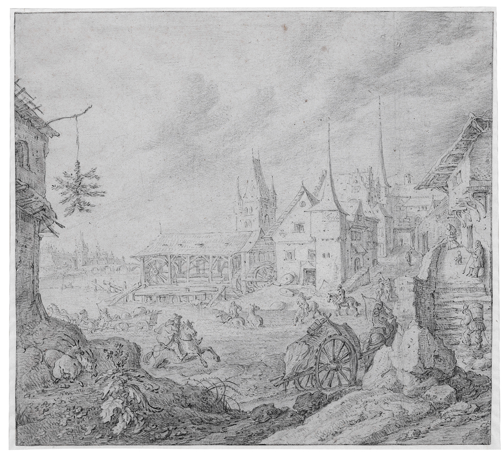 Fantasiestad met topografische elementen uit Praag