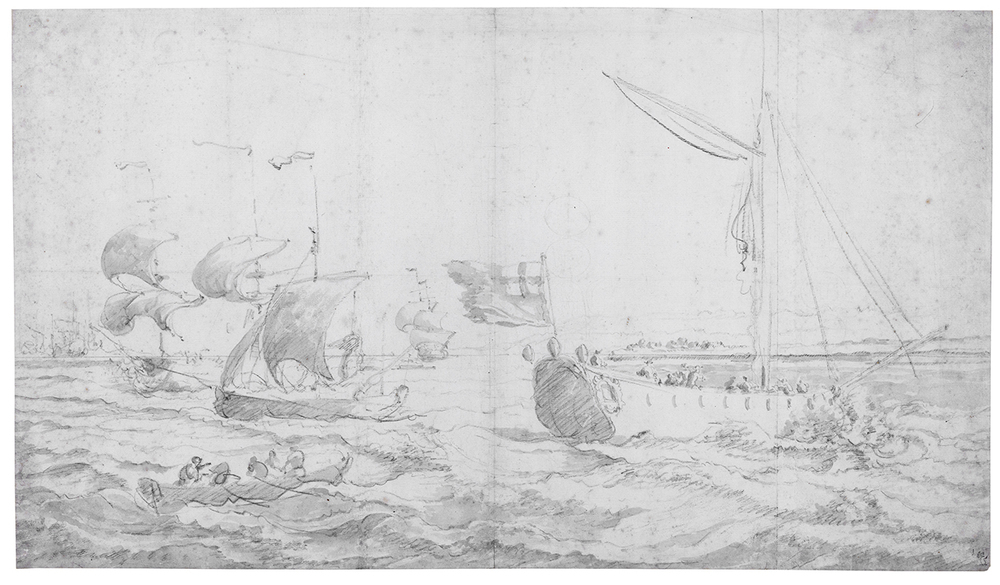 Onrustige zee met schepen