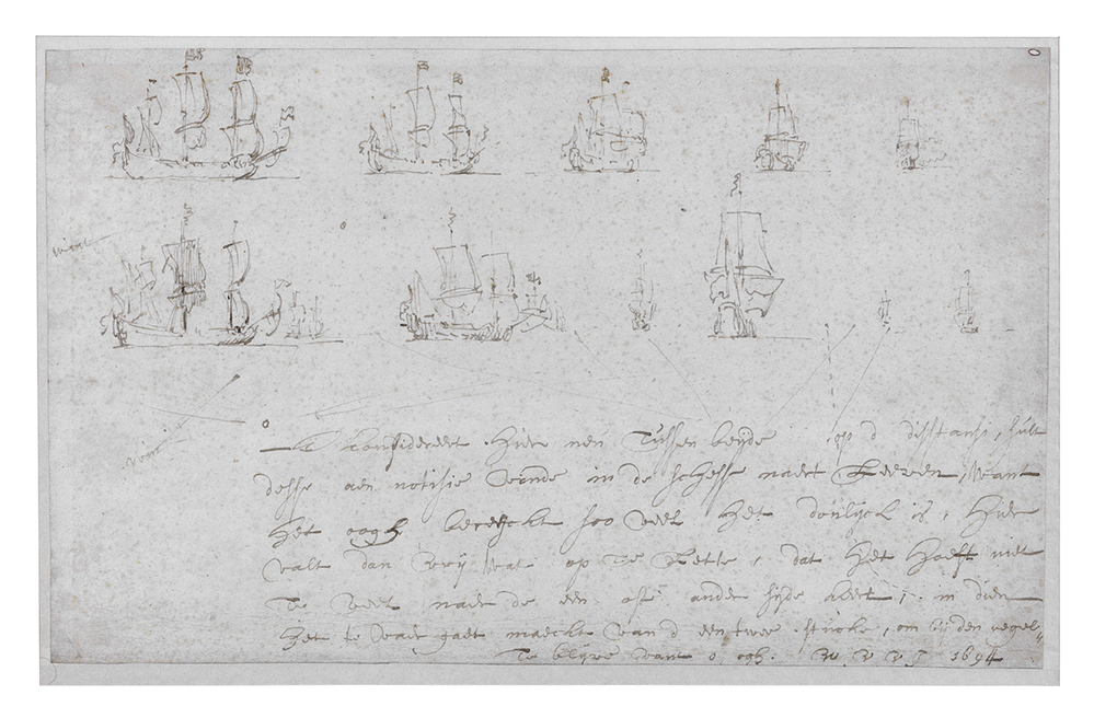 Perspectivische schetsboektekeningen met schepen